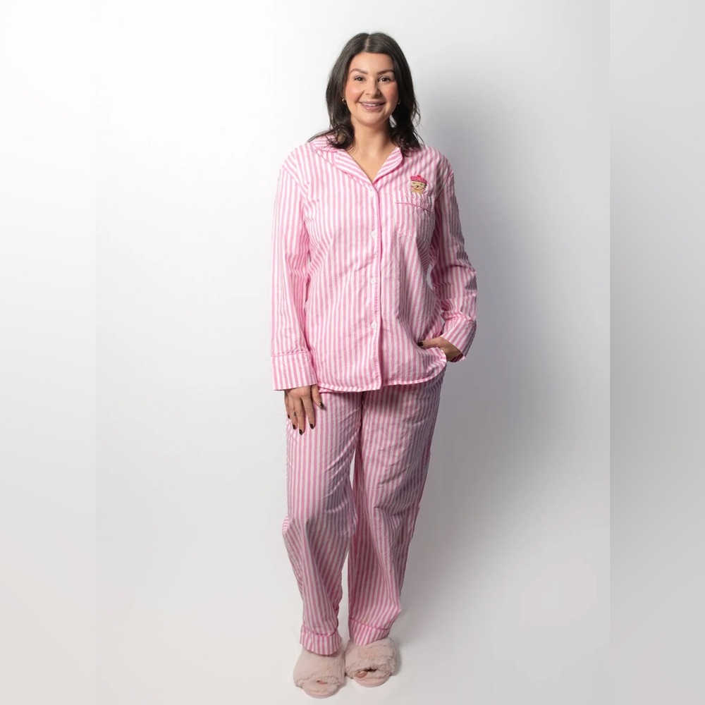 Bon Artis Pink Striped Cat Embroidery Pajama Set 100% Cotton Women’s‎ Size 1